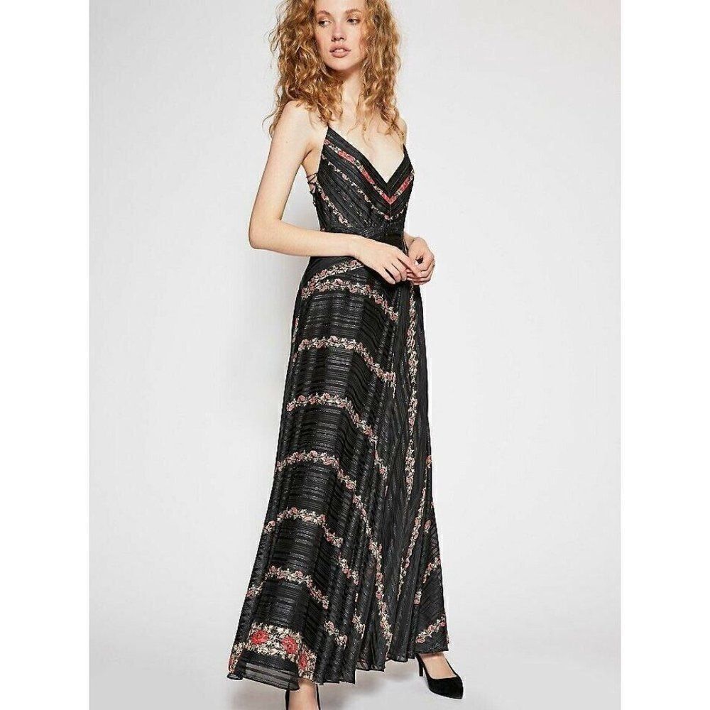 FREE PEOPLE Sz 0 LACE UP FLORAL METALLIC LUREX BELLA MAXI DRESS GOWN BLACK $350 - Picture 4 of 6